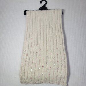 White Wool Angora Blend Knit Scarf With Pink & Iridescent Sequins